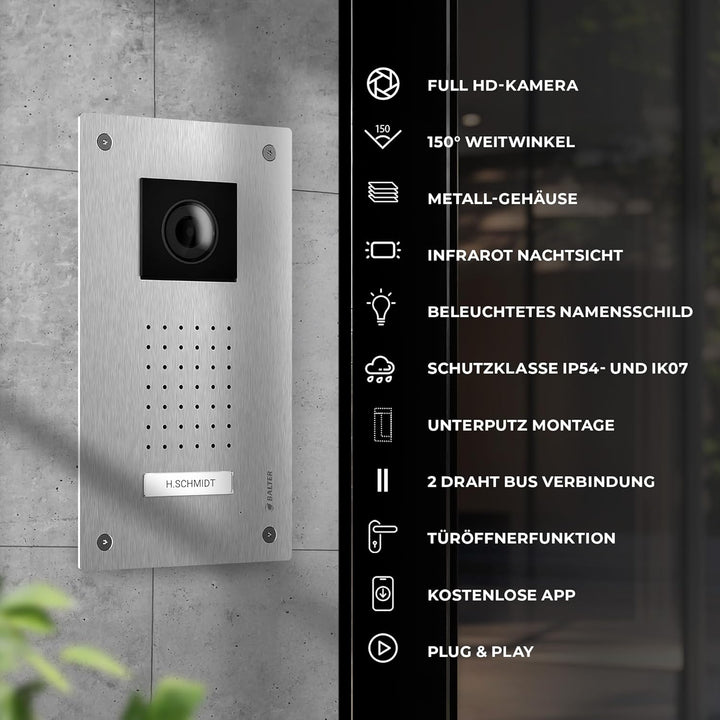 Entri Video Türsprechanlage, Unterputz Türklingel mit Kamera, Smartphone App, 1 Familienhaus, Video