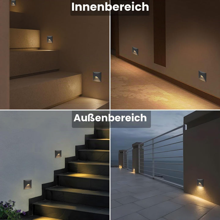Arotelicht 4er 3W LED Treppenlicht Warmweiss 3000K Aluminium Wandleuchte 230V Eckig Einbaustrahler T