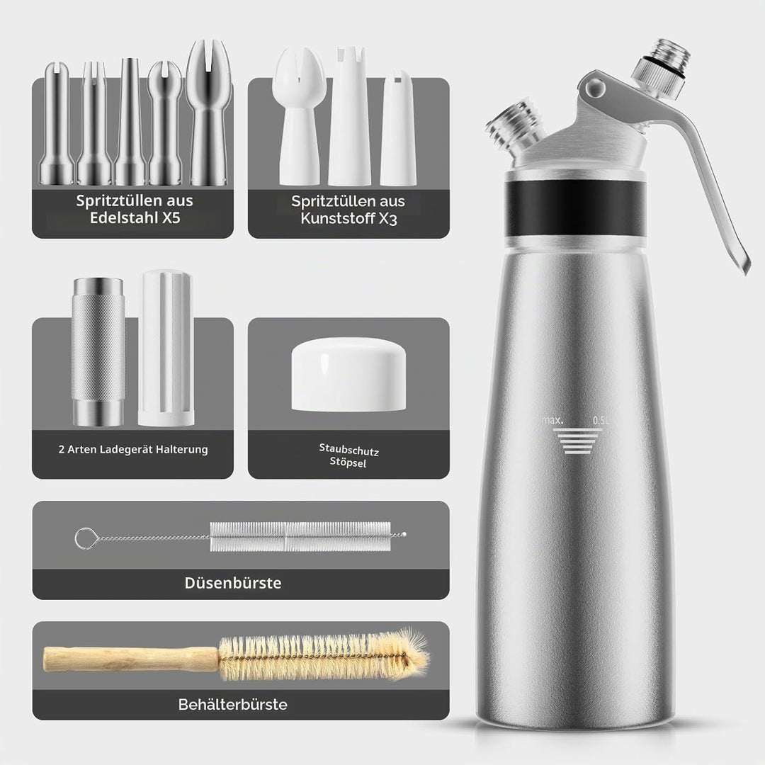 ENLOY Professioneller Aluminium-Sahne-Spender, 500 ml, Schlagsahnebereiter, Kanister mit 8 Dekoratio