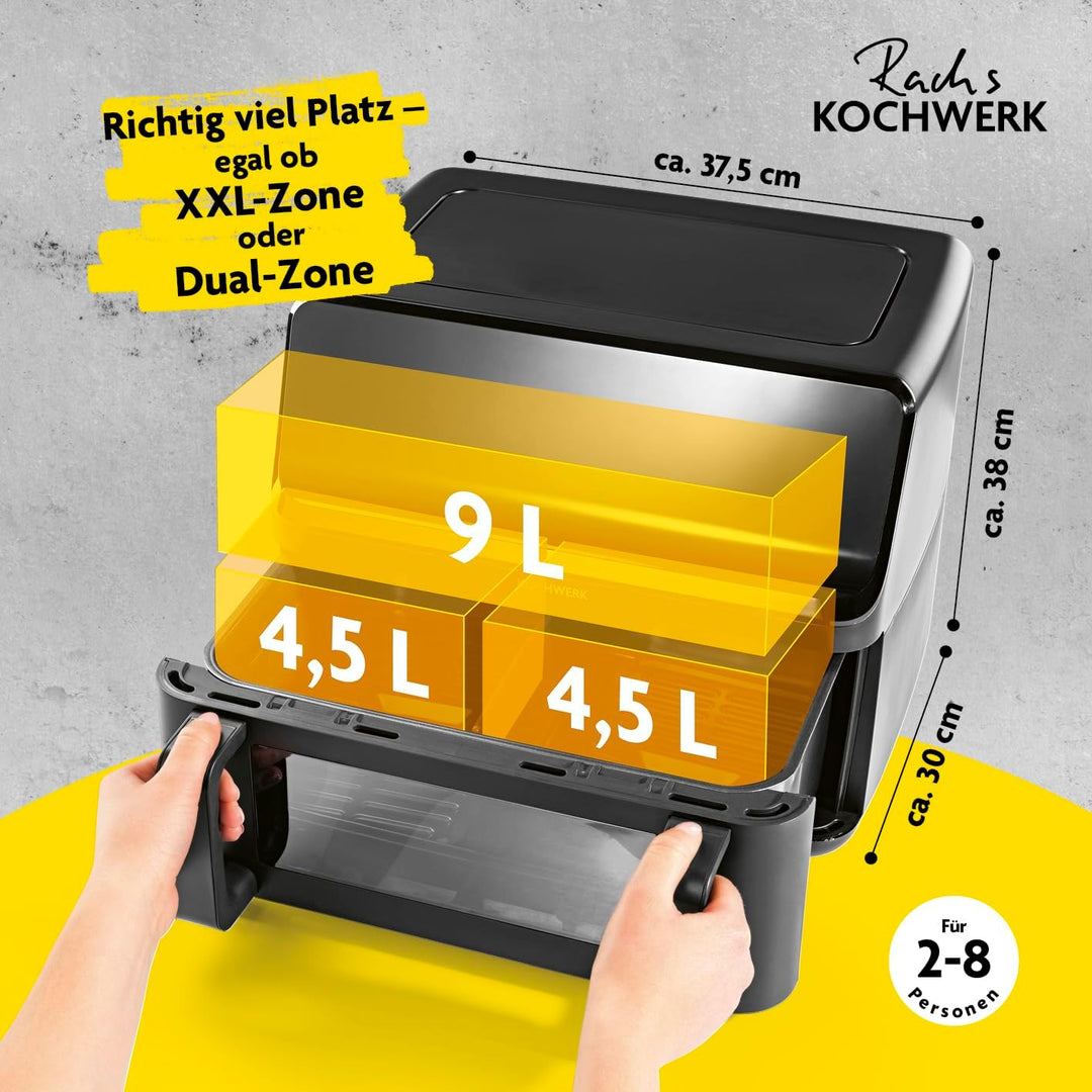 Rachs KOCHWERK Vario-Doppelkammer Heissluftfritteuse 9 L | Airfryer mit teilbarer Kammer, Touchscree