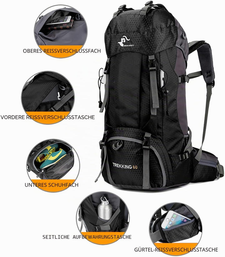 Bseash 60L Wasserdichter leichter Wanderrucksack mit Regenschutz, Outdoor Sport Tagesrucksack Multif