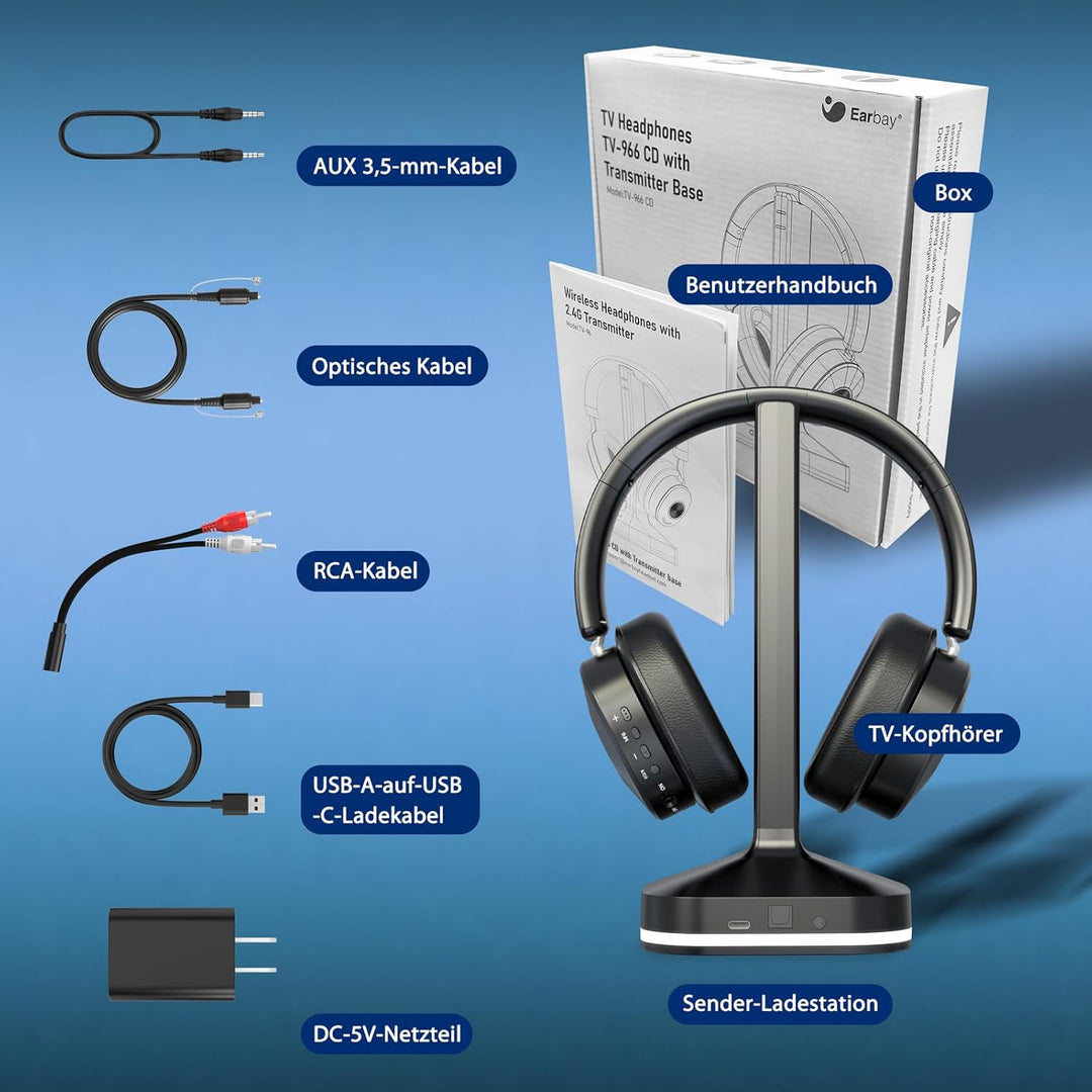 Earbay Kopfhörer für Fernseher mit Sender-Ladestation – TV Kopfhörer kabellos mit V5.4 &amp; 3 Audiomodi