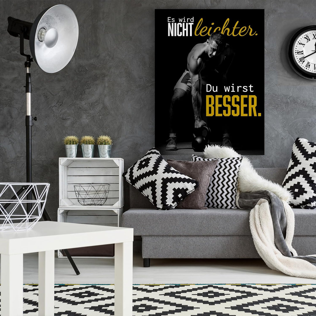 wandmotiv24 Motivations Motiv als Leinwandbild, 100x75cm, Hochformat, Motivation, Besser, Hantel, Fi