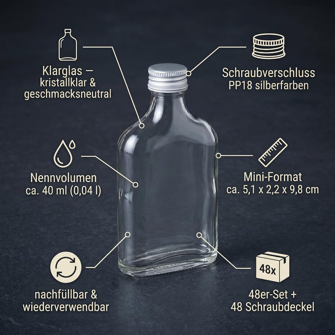 gouveo 48er Set Mini Glasflaschen 40 ml (0,04 l) Flachmann mit Schraubverschluss silberfarben – Klei