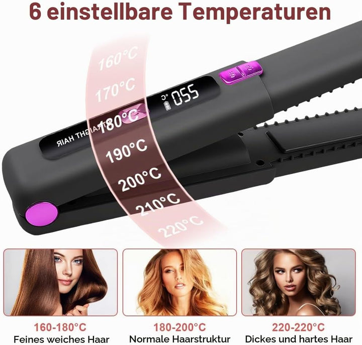 2 in 1 Glätteisen, 4500mAh Haarglätteisen, Kabellos Haarglätter, Keramik-Turmalin-Beschichtung, Weni