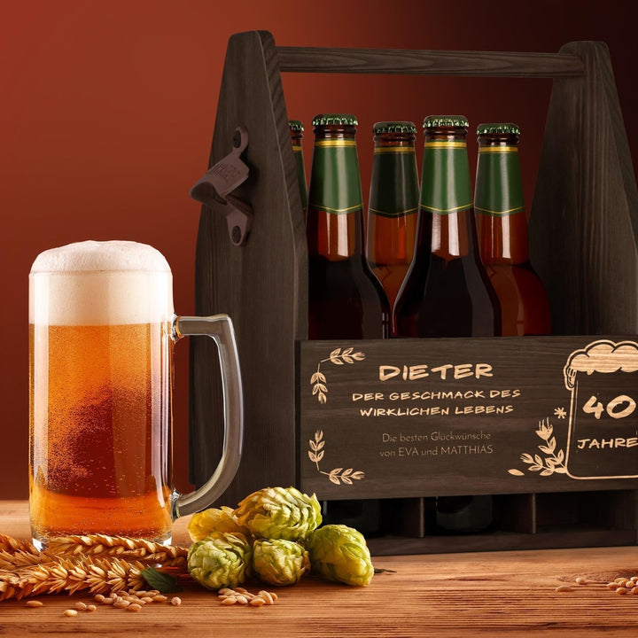 Maverton Bierträger für 6 Flaschen 0,5L + Gravur - Männerhandtasche mit Flaschenöffner - Grösse: 25x