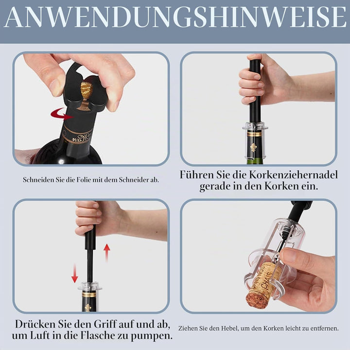 FBBULES 4 Stück Druckluft Korkenzieher Set - Druckluft Flaschenöffner mit Folienschneider, Vakuumsto