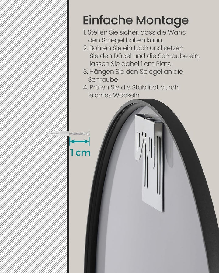 SONGMICS 76 cm d Spiegel rund, runder Spiegel, Wandspiegel, Metallrahmen, einfache Montage, modern,