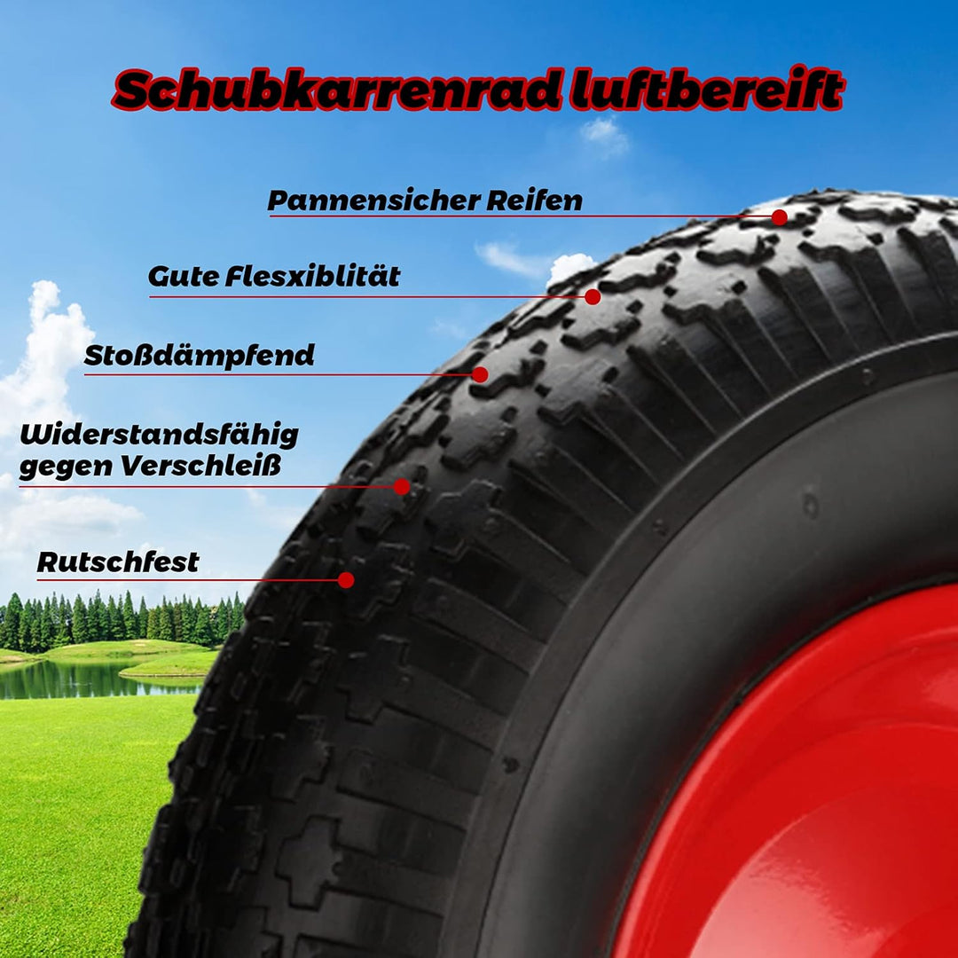 Ansobea Schubkarrenrad luftbereift mit Achse - Reifen mit Stahlfelge - 4.80/4.00-8 - Durchmesser 390