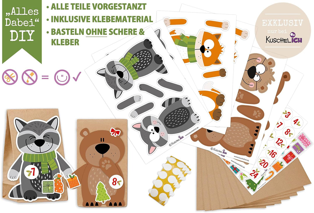 Adventskalender zum Befüllen Waldtiere - mit Stickern zum Gestalten und selber Basteln