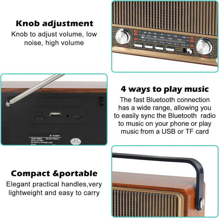 Retro Radio mit Bluetooth, Nostalgie Kofferradio Klein mit AM/FM/SW3, USB/TF/AUX, Wiederaufladbar, K