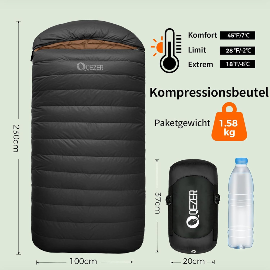 XXL Daunenschlafsack 3-4 Jahreszeiten extra grosser Schlafsack 230cm x100cm, leicht und warm Daunen