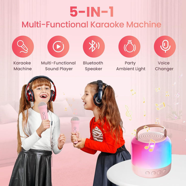 Karaoke Maschine mit 2 Drahtlosen Mikrofonen für Kinder, Tragbarer Bluetooth-Lautsprecher mit LED un