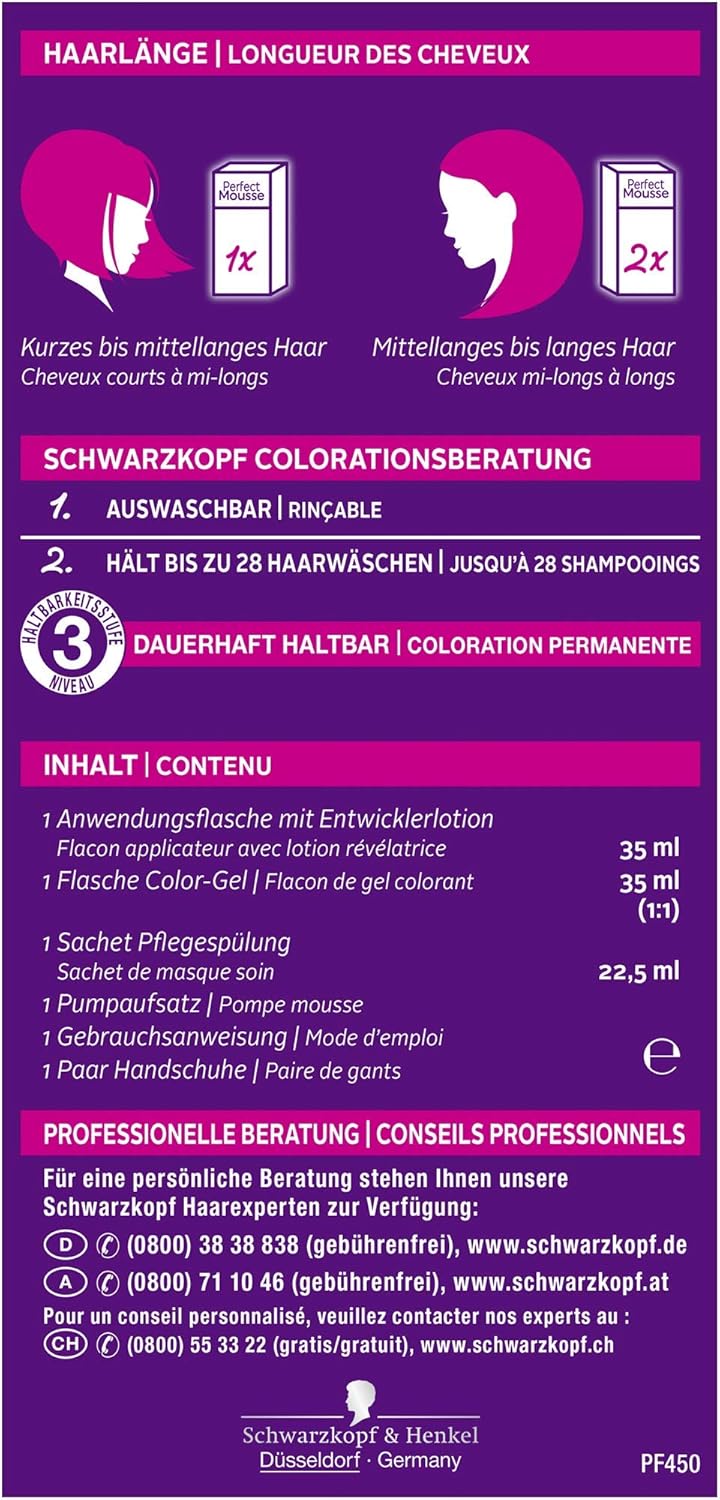 SCHWARZKOPF PERFECT MOUSSE Permanente Schaumcoloration 450 Warmes Braun Stufe 3, 3er Pack (3 x 92,5
