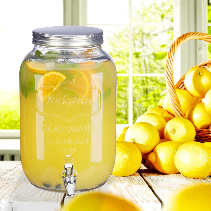 Relaxdays 2 x Getränkespender 8 l, Glas, Zapfhahn, Retro Saftspender Gastro, Vintage Limonadenspende