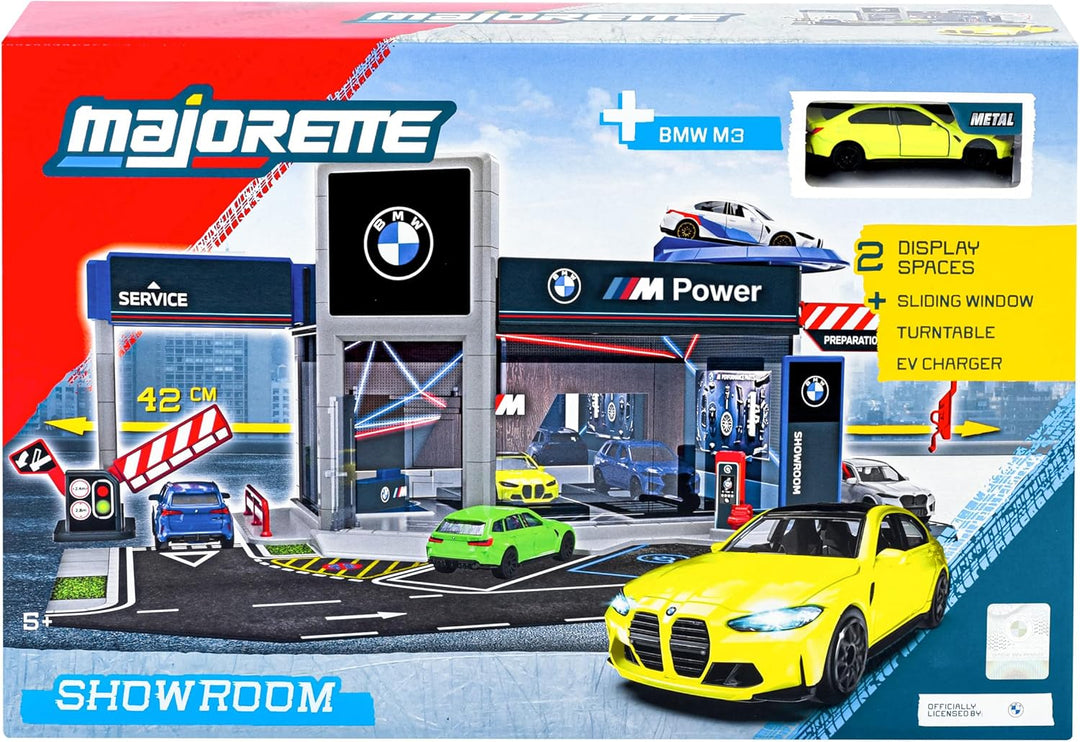 Majorette BMW Showroom Spielset mit Auto - Spielgarage mit Drehscheibe, Schiebefenster, Tor & Waschs
