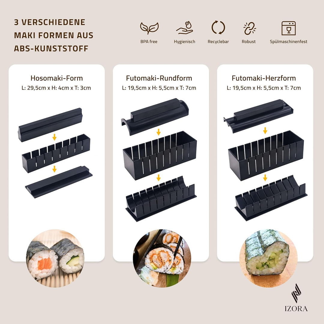 IZORA Sushi Maker Set mit Anfänger-Guide inkl. ausführlicher Anleitung, einfache Rezeptvorschläge -