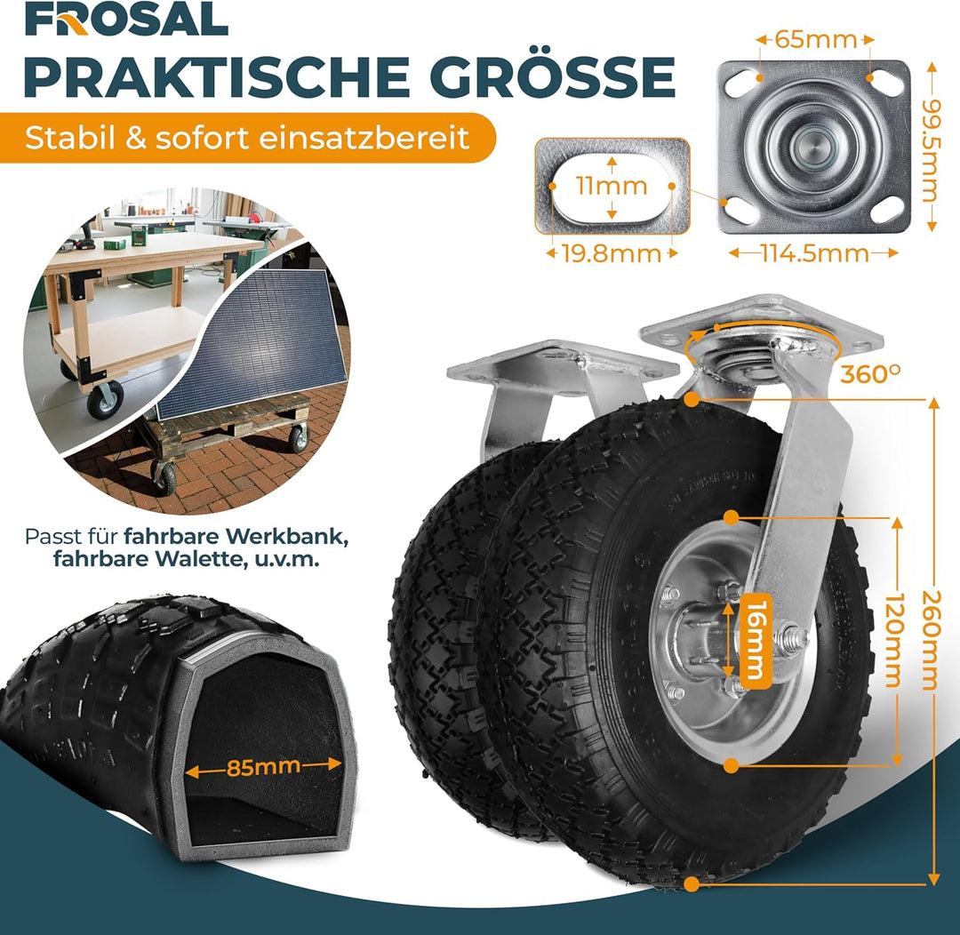 2 x Frosal Bockrolle + 2 x Lenkrolle Set Ø 260 x 85 mm | 3.00-4 Rad als 4-tlg. Set | Luftrad auf Sta