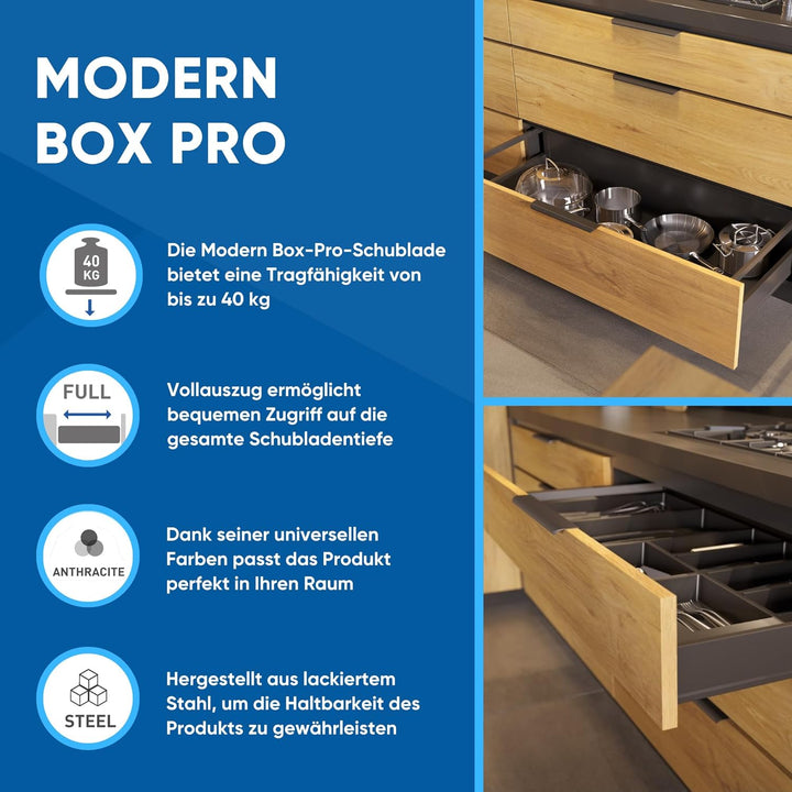 GTV - Modern Box Pro Schubladenschienen I L=450mm H=135mm I Anthrazit I Schublade mit Leises Schlies