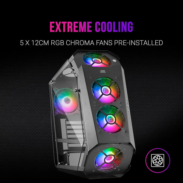 Mars Gaming MC51, Gehäuse Gaming PC ATX, Doppelt Gehärtetes Glas, 5X Lüfter RGB 12cm, Schwarz MC-51