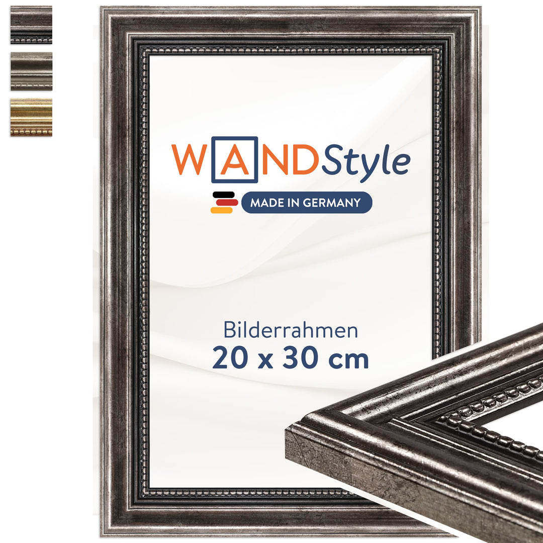 WANDStyle Bilderrahmen Metall-Optik 20x30 cm aus Holz im Barock-Stil zum Aufhängen, Fotorahmen Made