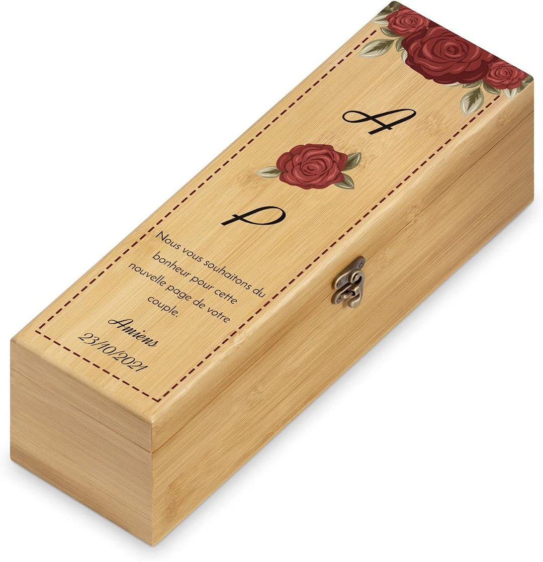 Maverton Weinbox für 0,7L Weinflasche - Wein Holzbox personalisiert + 4er Weinzubehör - Weinset Wein