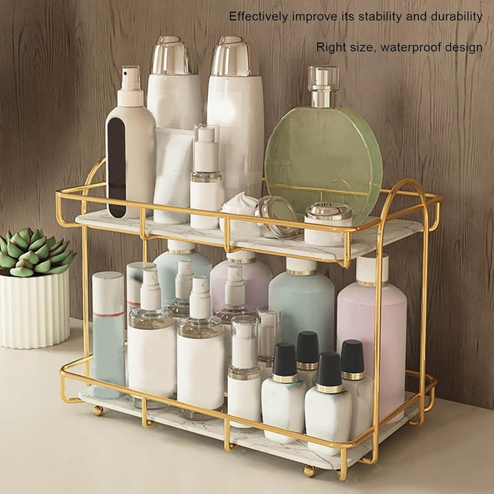 Bad-Organizer mit 2 Ebenen, Goldfarbenes Metall-Regal für Kosmetik & Parfüm, Wasserdichtes Tablett f
