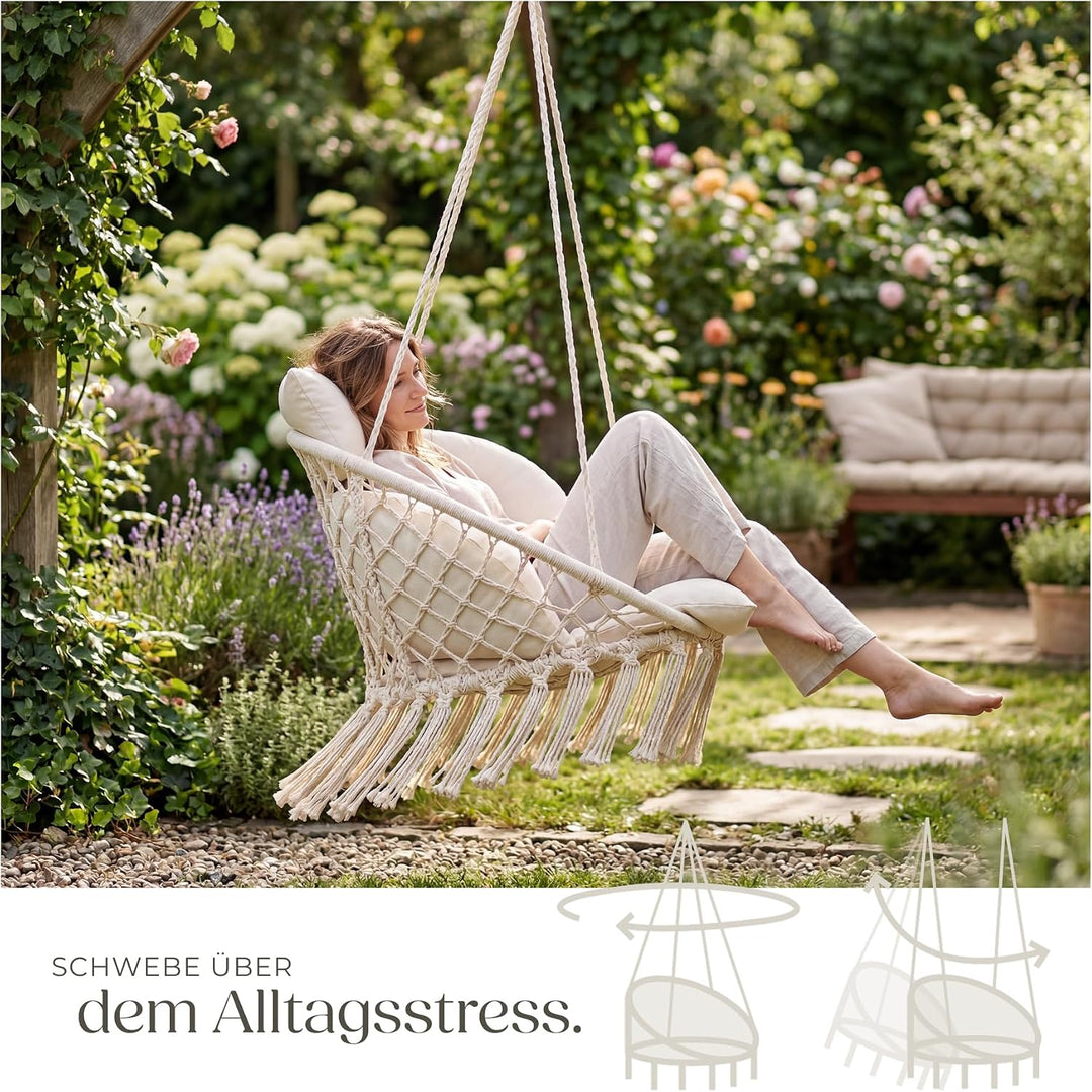 tectake® Hängesessel, Hängeschaukel mit dicken Kissen & Quasten, Boho Hängekorb Ø 80 cm, Hängesessel