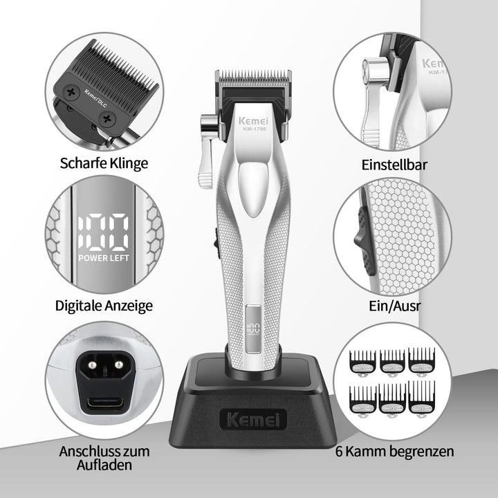 KEMEI KM-1798 Professionelle Haarschneidemaschine für Männer, Schnurloser Bartschneider, Barber Clip