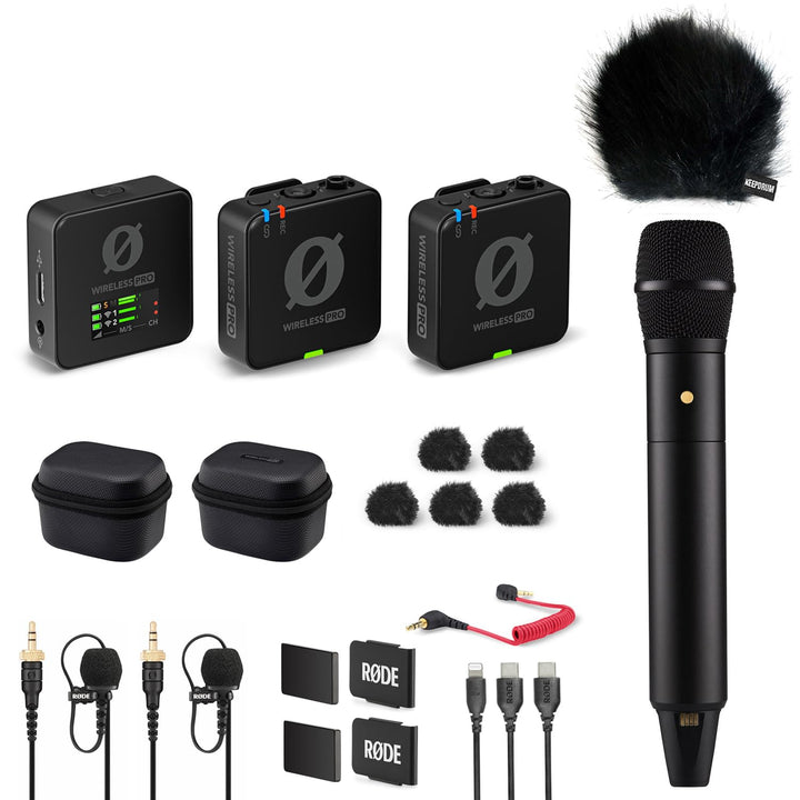 Rode Wireless Pro Digitales 2-Kanal Drahtlos-Mikrofonset + Interview PRO Handmikrofon + keepdrum Fel