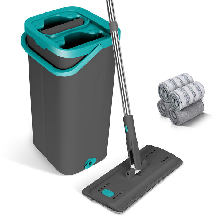 Masthome Wischmopp und Eimer Set, Flacher Bodenwischer mit 6 Mikrofaser-Wischpads und 148 cm Edelsta