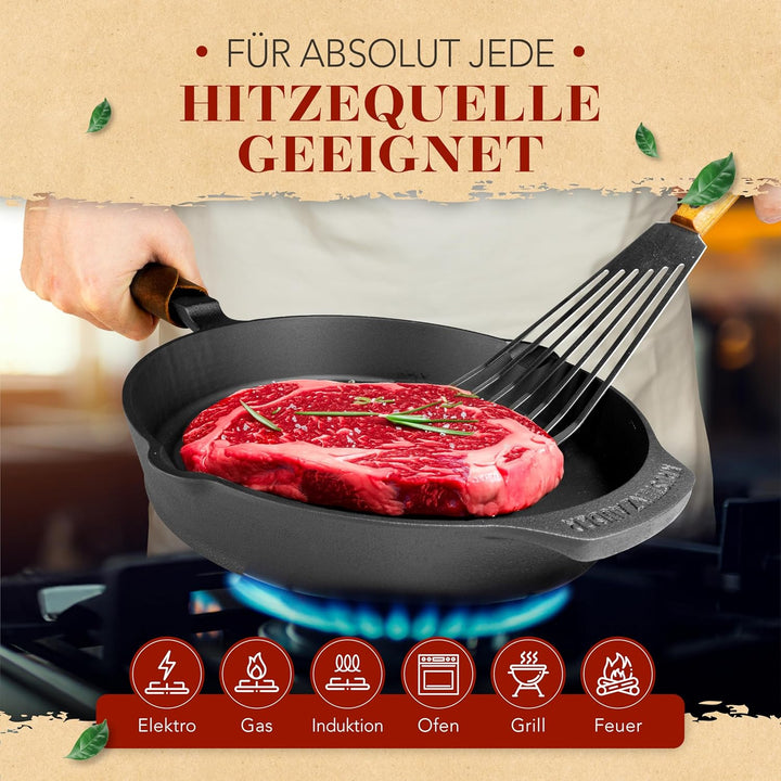 KRUSTENZAUBER Gusseisenpfanne Induktion 24cm inkl. Anleitung und Rezeptbuch - Geschliffene Pfanne Gu