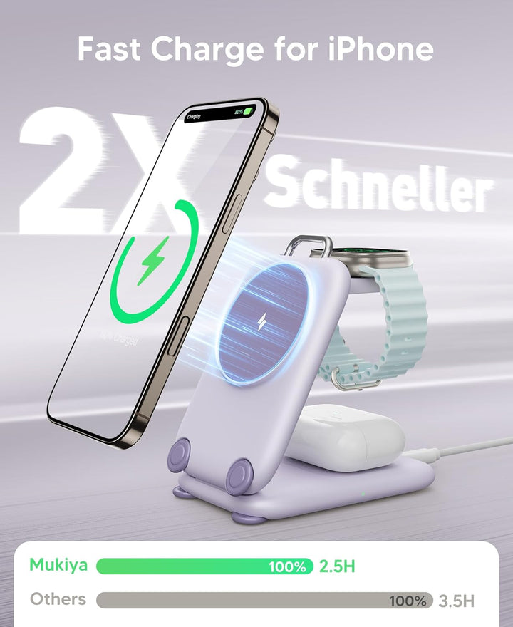Mukiya Magnetisch Ladegerät Kabellose Ladestation für Apple-Geräte, 3-in-1-zum faltbar magnetischer
