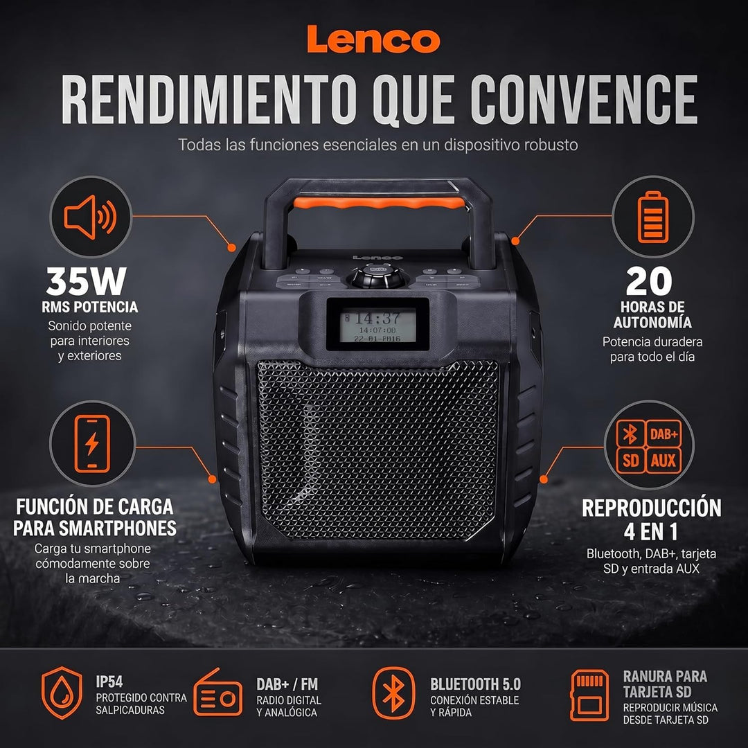 Lenco ODR-160BK Outdoor-Radio - DAB+/FM-Radio, Bluetooth-Lautsprecher, stossfest & wasserdicht, SD-K