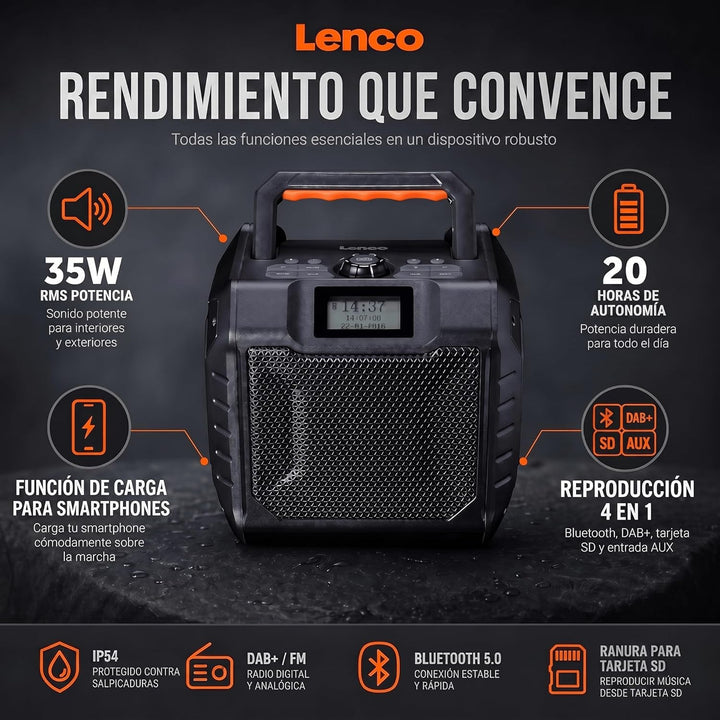 Lenco ODR-160BK Outdoor-Radio - DAB+/FM-Radio, Bluetooth-Lautsprecher, stossfest & wasserdicht, SD-K