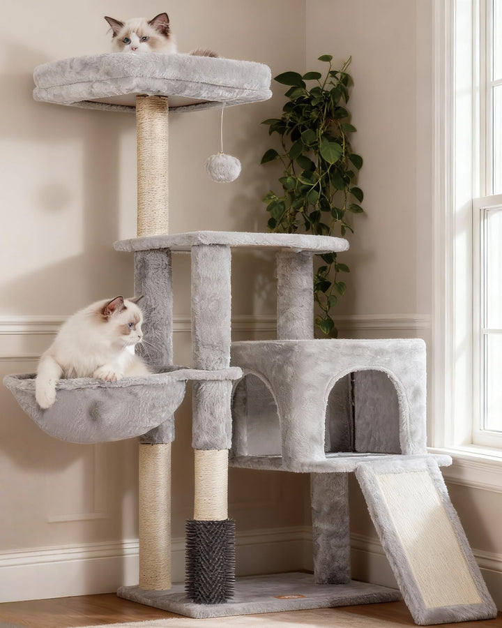 Heybly Kratzbaum mit Katzenbürste, Katzenbaum für Hauskatzen mit Gepolsterter Sitzstange aus Plüsch,
