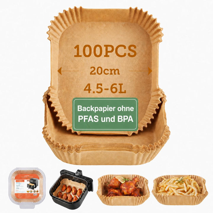 Cosori Backpapier für Heissluftfritteuse XXL 4-7,3 L, 100 Stück 20 cm, ungebleichtes Airfryer zubehö