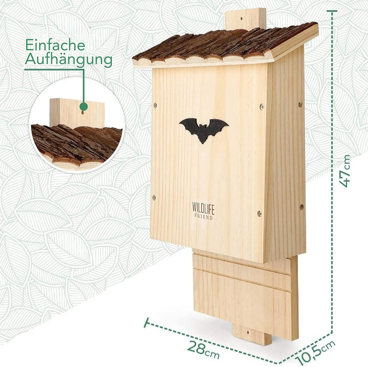 WILDLIFE FRIEND I Grosser Schwerer Fledermauskasten mit Rindendach nach NABU - Fertig Montiert &amp; 100