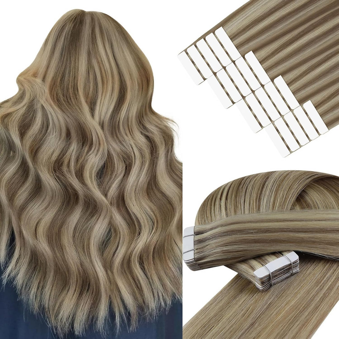 YoungSee Echthaar Extensions Tape Hellbraun 60 cm Tape in Extensions Echthaar Braun Blond Tape in Ex