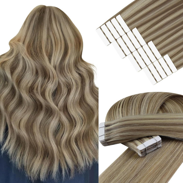 YoungSee Echthaar Extensions Tape Hellbraun 60 cm Tape in Extensions Echthaar Braun Blond Tape in Ex