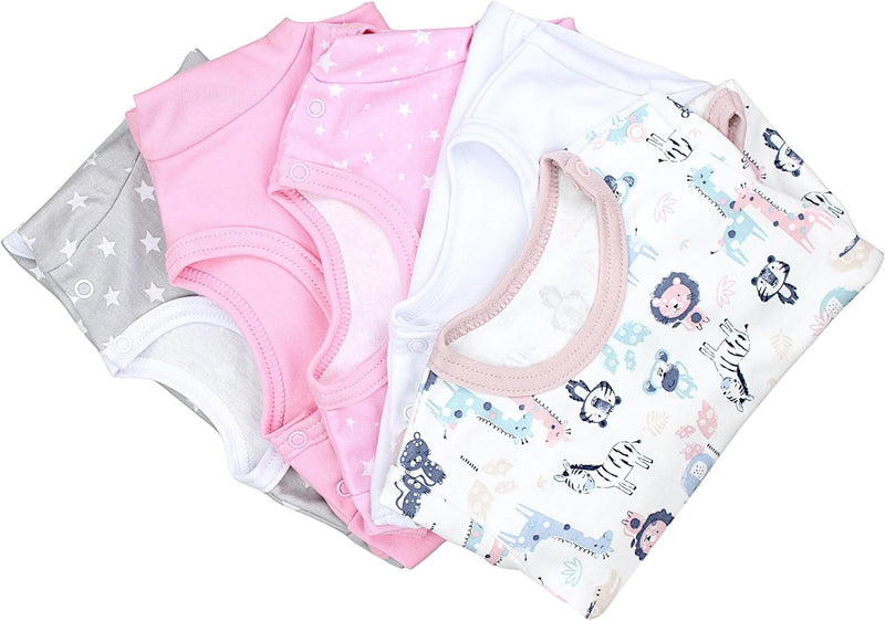 TupTam Mädchen Baby Body Langarm Unifarben 5er Pack 74 Weiss Sterne Rosa Grau Safari Pink, 74 Weiss