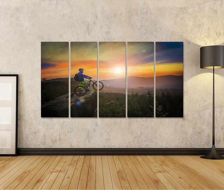 islandburner Bild auf Leinwand Mountainbiker Sonnenuntergang auf Fahrrad MTB Cross Country Downhill
