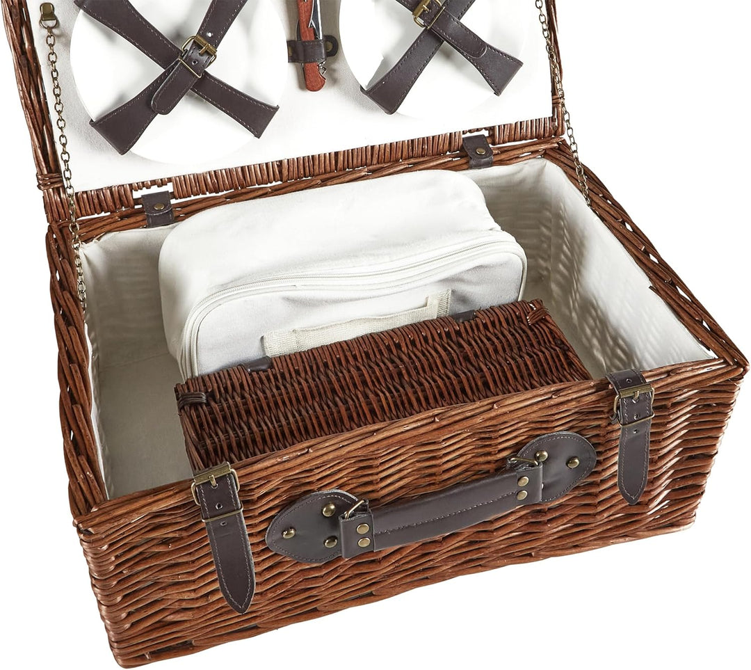 Picknickkorb 4 Personen Weide braun Kühltasche Teller Besteck Weingläser Pruneau