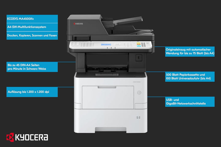 Kyocera Ecosys MA4500ifx/Plus Multifunktionsdrucker Schwarz Weiss, 45 Seiten pro Minute. Drucker Sca