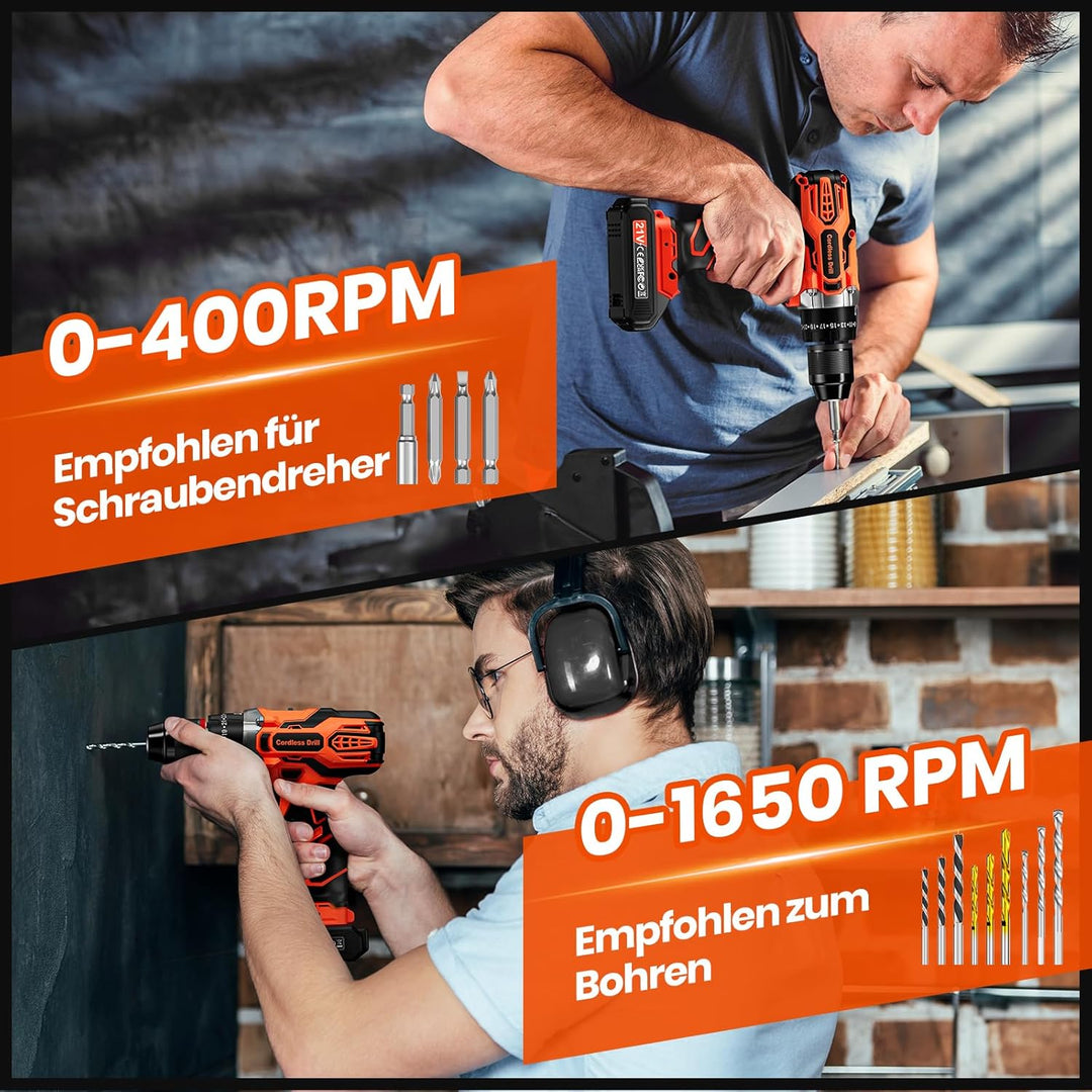 21V Akku Bohrmaschine, Akku Schlagbohrschrauber mit 2 Akkus 2,0Ah, Akkuschrauber Set 45Nm, Akkubohre