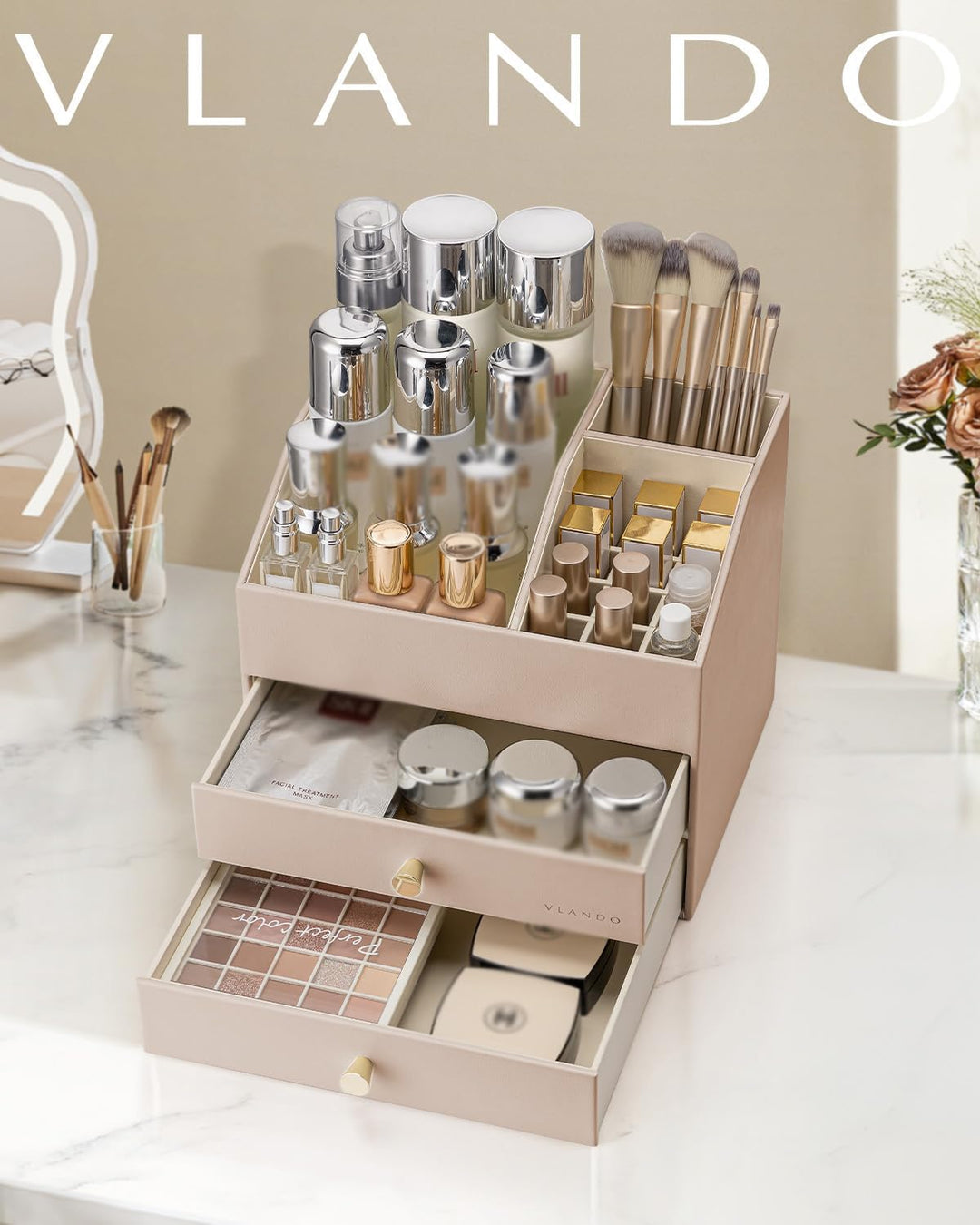 VLANDO Make up Organizer mit 3 Schubladen, Schminktisch Kosmetik Skincare Parfüm Organizer, für Bade