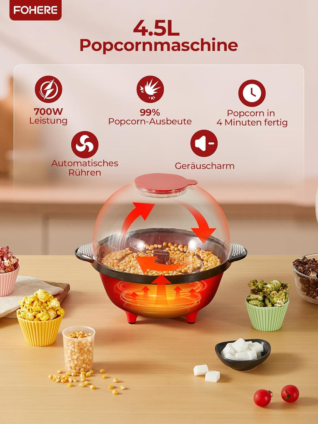 FOHERE 4,5L Popcornmaschine, 700W Popcorn Maschine mit 2 Messbecher für Zucker und Öl, Antihaftbesch
