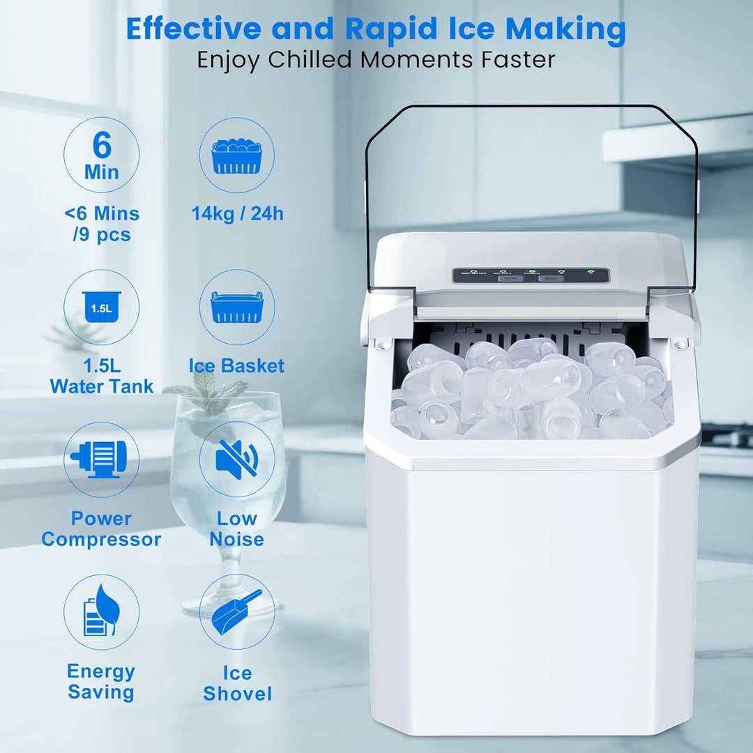Eiswürfelmaschine, Ice Cube Maker 9 Eiswürfel in 6-8 Minuten,2 Grössen von Bullet Ice,12KG/24H,Selbs
