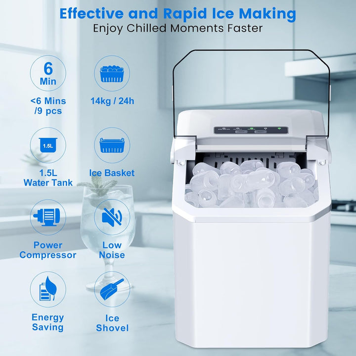 Eiswürfelmaschine, Ice Cube Maker 9 Eiswürfel in 6-8 Minuten,2 Grössen von Bullet Ice,12KG/24H,Selbs