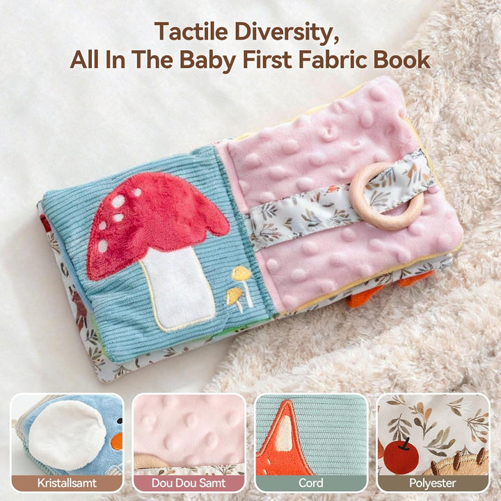WOODEN TEETHER Babybuch Stoffbuch mit Spiegel, Baby Spielzeug 0-6 Monate Sensorisches Buch - Interak